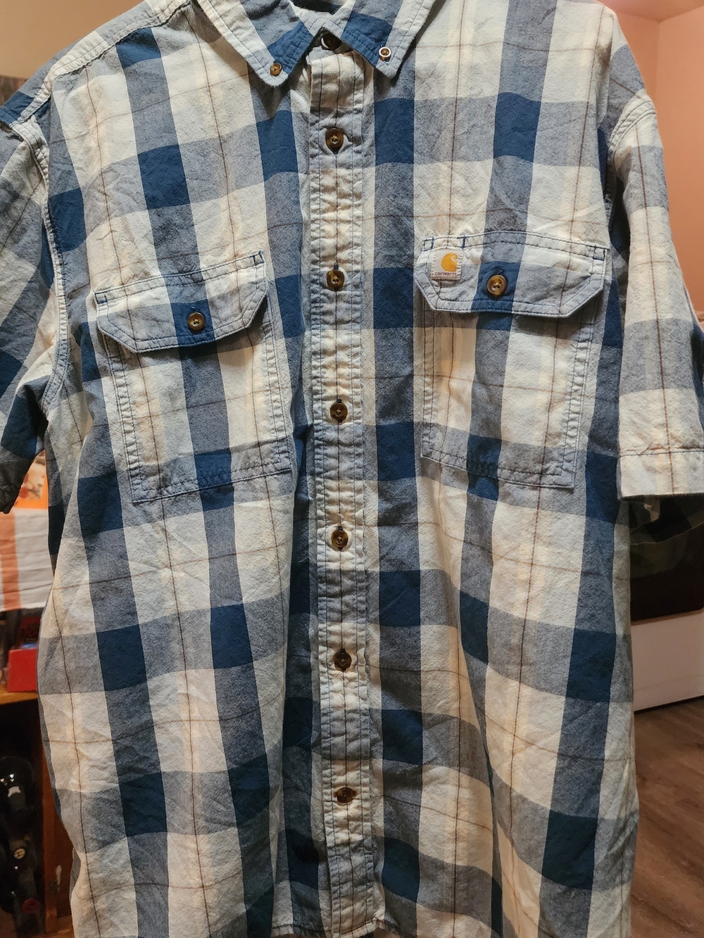 Carhartt Men's Blue and White Plaid Short-Sleeve Button-Down Shirt Sz 2X